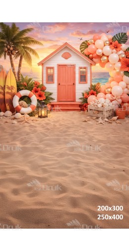 Tło fotograficzne „Zachód słońca na plaży z koralową chatką i balonami” | 4039